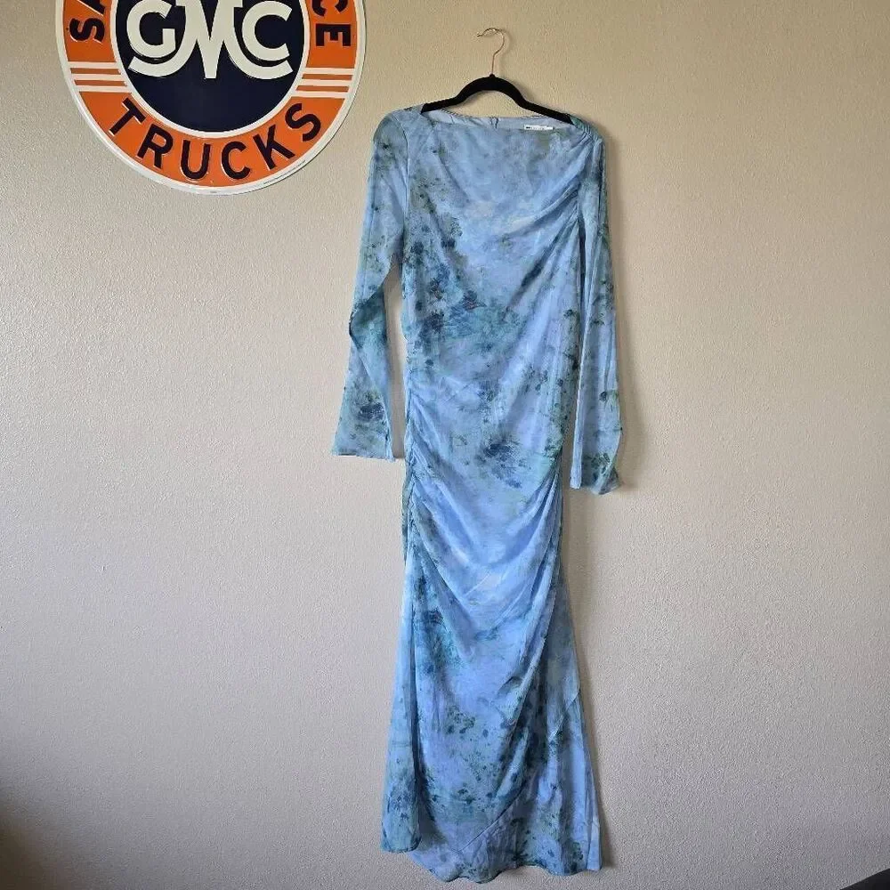 ASOS DESIGN ruched sleeve maxi dress in blue marble print 12 NWT Preppy Glam